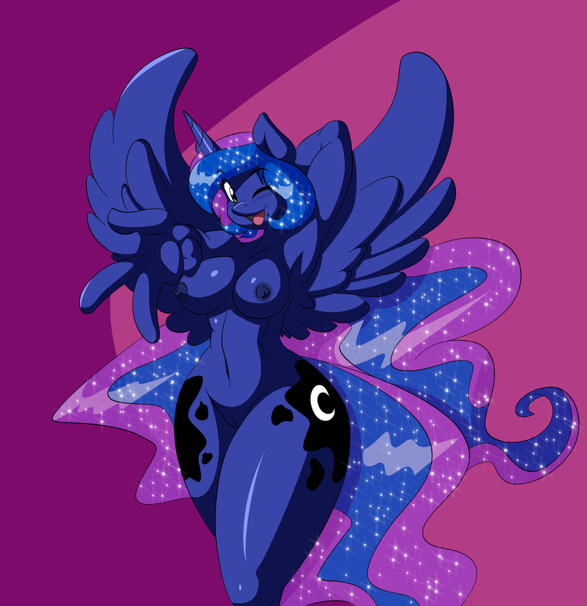 anthro anthrofied breasts cutie_mark edit equine female friendship_is_magic hi_res horn horse looking_at_viewer mammal mastergodai my_little_pony navel one_eye_closed pony princess_luna_(mlp) pussy solo sparkles translucent_hair transparent_hair wide_hips winged_unicorn wings wink