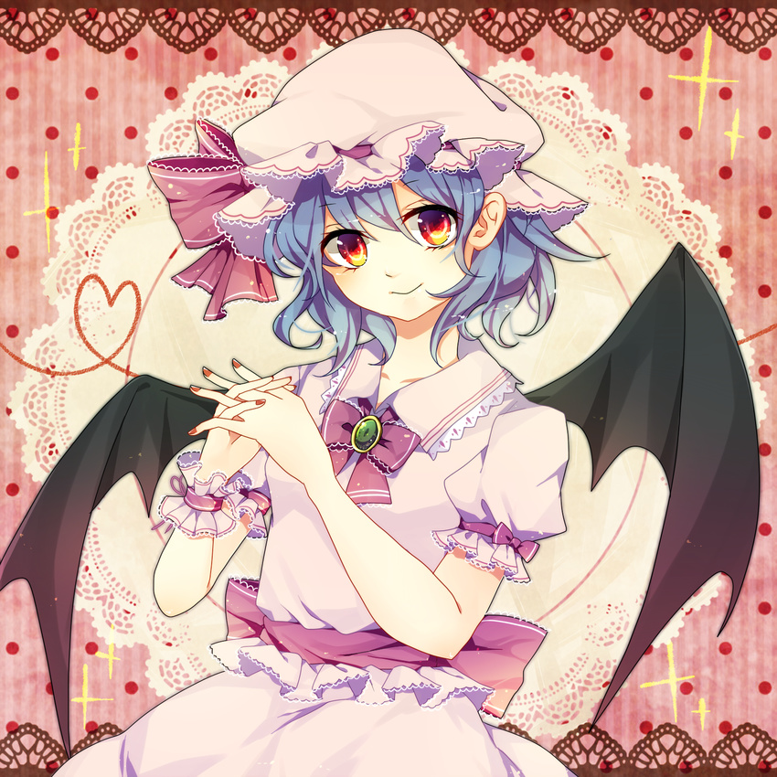 bat_wings blue_hair bow brooch hanaon hat hat_bow heart heart_of_string highres jewelry red_eyes remilia_scarlet solo steepled_fingers touhou wings wrist_cuffs