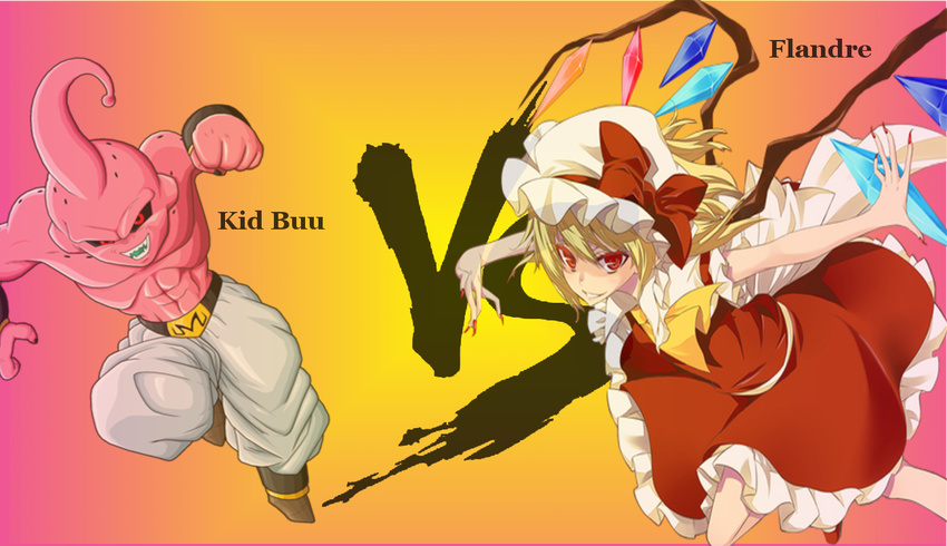 1girl baggy_pants blonde_hair crossover crystal dragon_ball dragon_ball_z flandre_scarlet hat majin_buu muscle open_mouth pants pink_skin puffy_sleeves red_eyes ribbon shirtless short_sleeves side_ponytail skirt smile touhou vampire vest wings