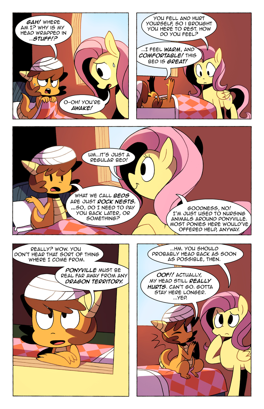 bandage bed comic cutie_mark dialog dragon english_text equine female fluttershy_(mlp) friendship_is_magic hair horn horse karzahnii lying mammal my_little_pony pegasus pink_hair pony sweat text whimsey_weatherbe_(mlp) wings