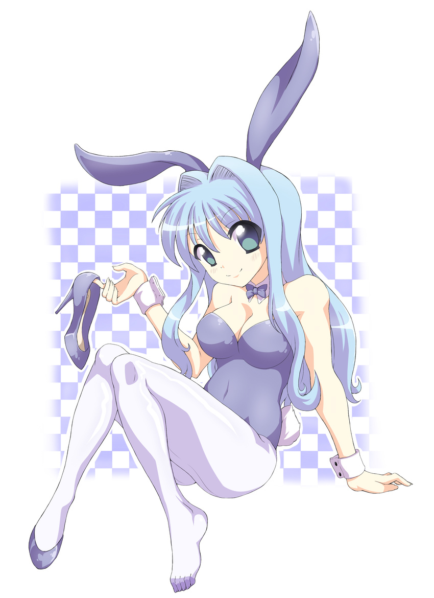 absurdres animal_ears bad_source bare_shoulders blue_hair bunny_ears bunny_tail bunnysuit highres long_hair pantyhose ribbon shoes shoes_removed single_shoe solo tail white_legwear zeshgolden