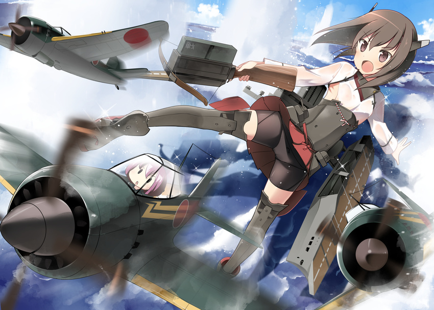 a6m_zero aircraft airplane armor battle bell_(oppore_coppore) bike_shorts blush boots bow_(weapon) brown_eyes brown_hair crossbow fairy_(kantai_collection) flat_chest headband headgear highres kantai_collection multiple_girls ocean open_mouth reppuu_(kantai_collection) short_hair shorts shorts_under_skirt skirt taihou_(kantai_collection) thigh_boots thighhighs weapon