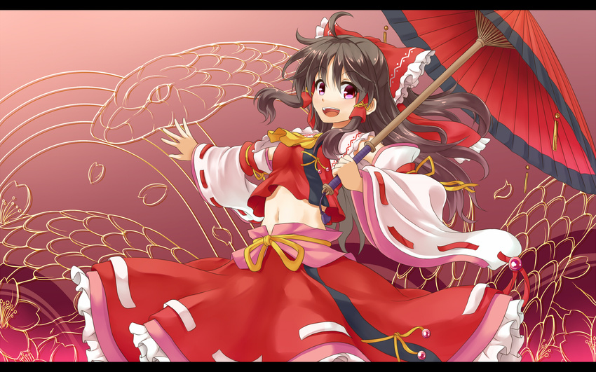 ascot bad_id bad_pixiv_id bow brown_hair detached_sleeves giant_snake hair_bow hair_tubes hakurei_reimu highres letterboxed long_hair long_sleeves looking_at_viewer midriff musouzuki navel open_mouth oriental_umbrella outstretched_arm outstretched_hand purple_eyes revision sash shirt skirt smile solo touhou umbrella wide_sleeves