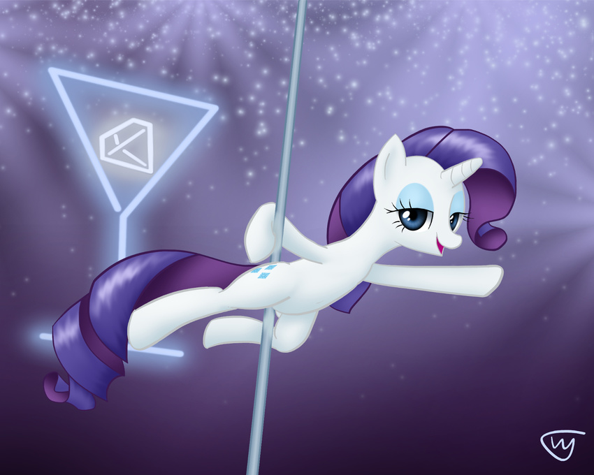 cutie_mark dancing diamond equine eyes_closed female friendship_is_magic hair hi_res hooves horn horse lights livriel mammal manehattan my_little_pony neon open_mouth pole pole_dance pole_dancing pony purple_hair rarity_(mlp) solo unicorn