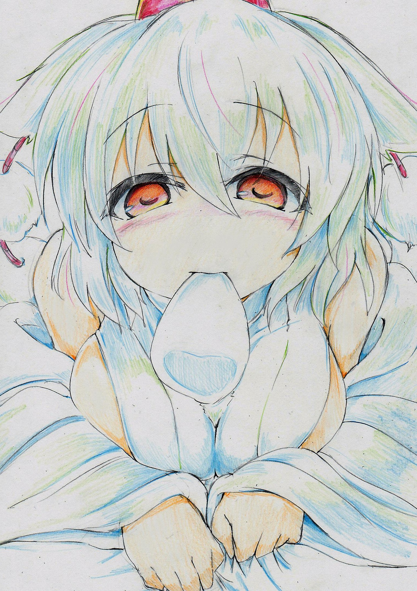 animal_ears bare_shoulders blush breasts colored_pencil_(medium) detached_sleeves hat highres inubashiri_momiji kitazinger large_breasts mouth_hold red_eyes short_hair solo tokin_hat touhou traditional_media white_hair wolf_ears