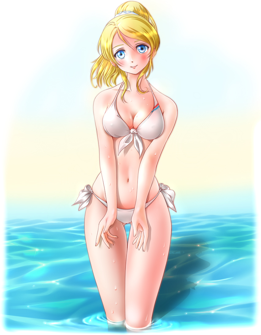 absurdres ayase_eli bikini blonde_hair blue_eyes blush breasts cleavage front-tie_top highres legs long_hair looking_at_viewer love_live! love_live!_school_idol_project medium_breasts miharin navel ponytail revision side-tie_bikini smile solo swimsuit thigh_gap thighs wading water wet