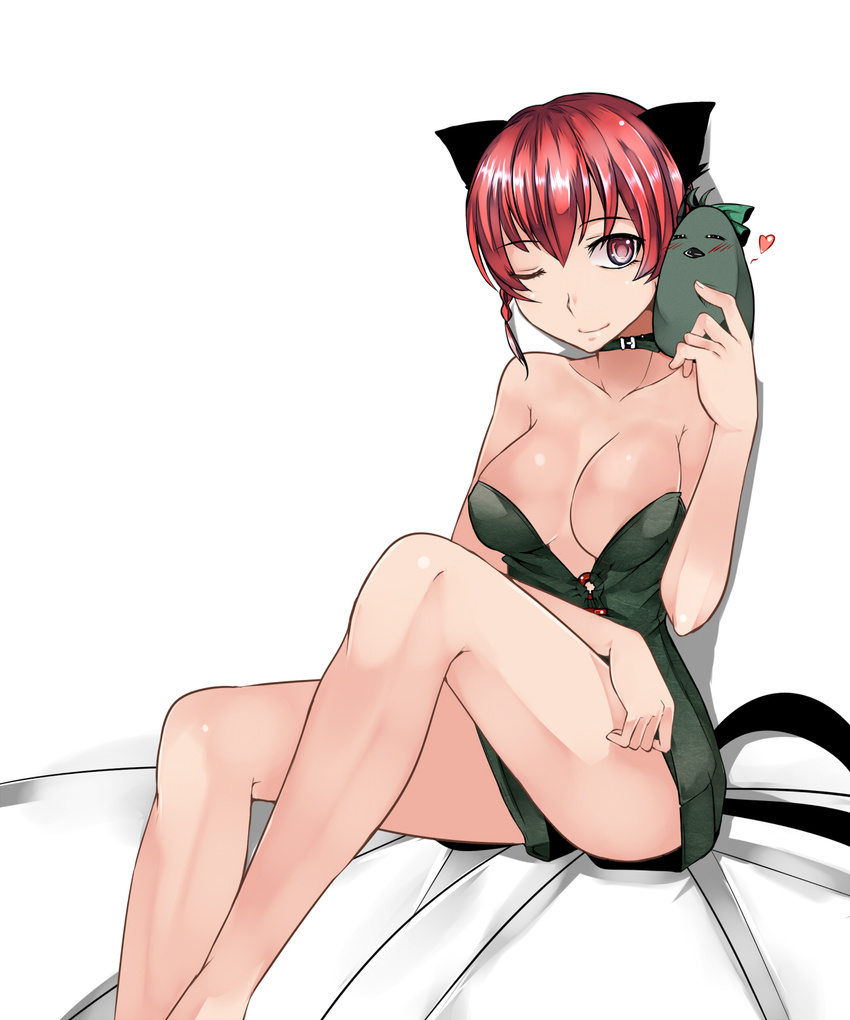 animal_ears aoshima breasts cat_ears cat_tail dress heart highres impossible_clothes kaenbyou_rin medium_breasts multiple_tails one_eye_closed red_eyes red_hair reiuji_utsuho reiuji_utsuho_(bird) ribbon sitting smile strapless strapless_dress tail touhou