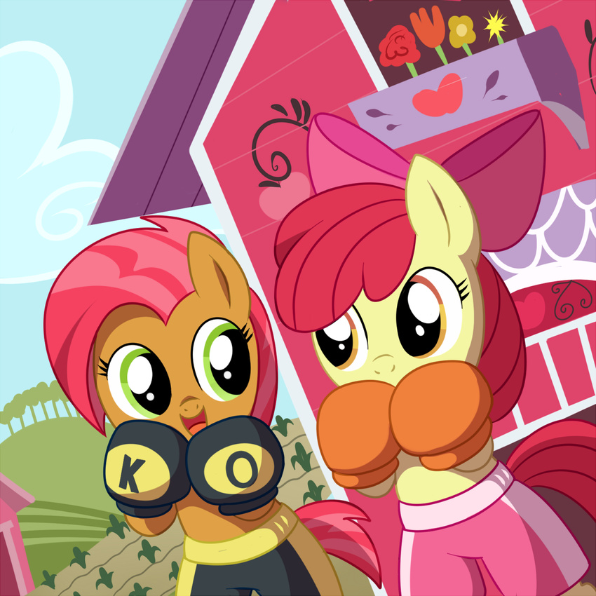 amber_eyes anthro apple_bloom_(mlp) babs_seed_(mlp) barn bow boxing boxing_gloves cub duo equine female friendship_is_magic fur green_eyes hair horse madmax mammal my_little_pony outside pony red_hair two_tone_hair yellow_fur young