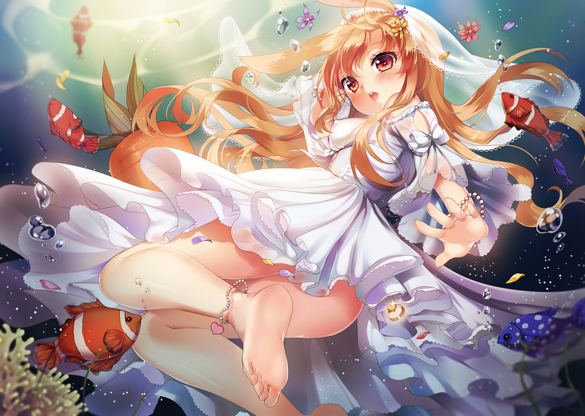 animal_ears anklet bare_legs barefoot blush bracelet breasts brown_eyes brown_hair bunny_ears carrot covered_nipples dress feet fish flower hair_flower hair_ornament heart heart-shaped_pupils highres jewelry long_hair mvv open_mouth original petals ring small_breasts smile soles solo symbol-shaped_pupils toes underwater veil white_dress