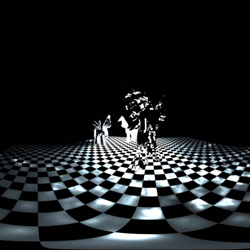 black_and_white black_background checkered_floor equine fisheye_lens fluttershy_(mlp) flyttershy friendship friendship_is_magic horn horse illusion magic mammal monochrome my_little_pony pegasus plain_background pony princess princess_luna_(mlp) pyramidbread royalty t-1000 twilight_sparkle_(mlp) unicorn winged_unicorn wings yay