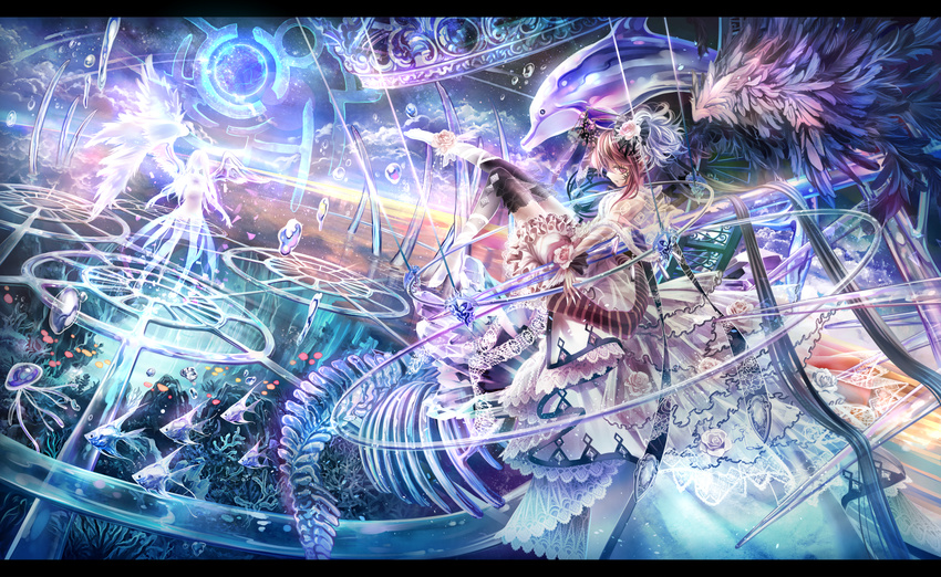 bad_id bad_pixiv_id dolphin dress fantasy fish fish_girl glowing hair_ornament highres looking_at_viewer looking_back multiple_girls original ornate pink_hair short_hair torino_akua underwater wings