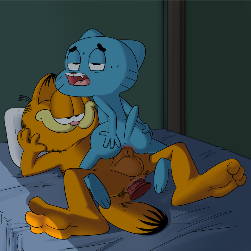 anal anal_insertion anal_penetration anthro anus balls barefoot bedroom big_butt black_eyes butt cartoon_network cat cowgirl_position crossover cub dildo erection feline fur garfield garfield_(series) gay gumball_watterson half-closed_eyes hand_on_butt happy insertion inside jerseydevil jerseydevil_(artist) lying male mammal nude on_back on_top open_mouth penetration penis pillow room sex sex_toy shadow sharp_teeth smile spread_legs spreading straddling sweat teeth the_amazing_world_of_gumball tongue toy young