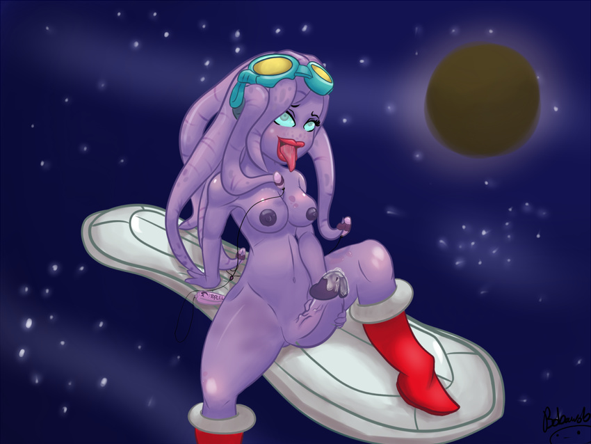 alien areola awesomenauts breasts coco_nebulon dickgirl erection eyewear female freckles goggles green_eyes intersex legwear masturbation nipples nude open_mouth penis precum purple_skin sex_toy solo stockings tentacles thick_penis tongue tongue_out