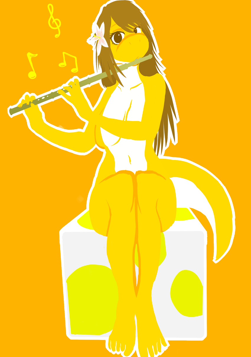 breasts brown_eyes brown_hair convenient_censorship covering female flower flute hair long_hair looking_at_viewer mario_bros music musical_instrument navel nintendo nude opusmagenum orange_background plain_background sara scalie simple_background solo video_games yellow_body yoshi