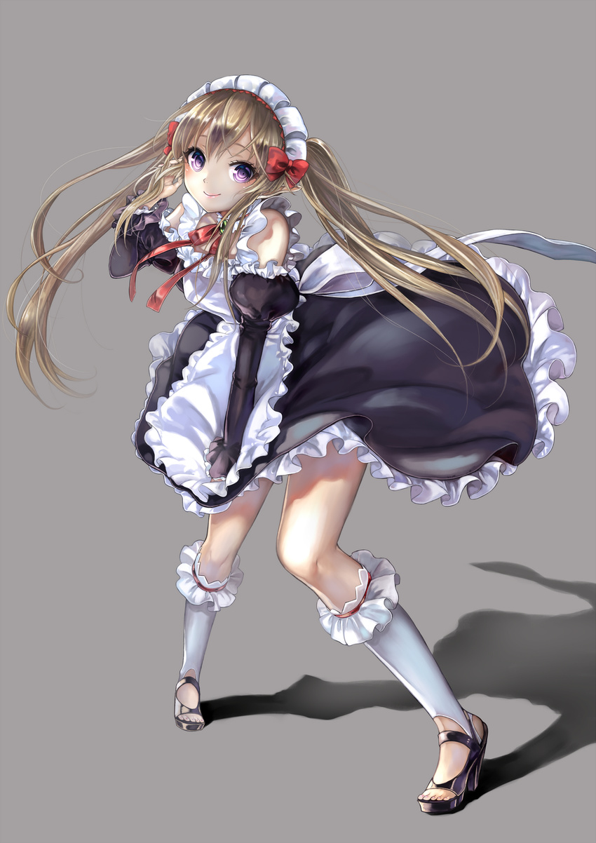 absurdres apron bent_over black_dress blonde_hair dress elf grey_background highres juliet_sleeves long_hair long_sleeves looking_at_viewer maid maid_headdress myucel_foalan outbreak_company pisuke pointy_ears puffy_sleeves purple_eyes smile solo twintails very_long_hair