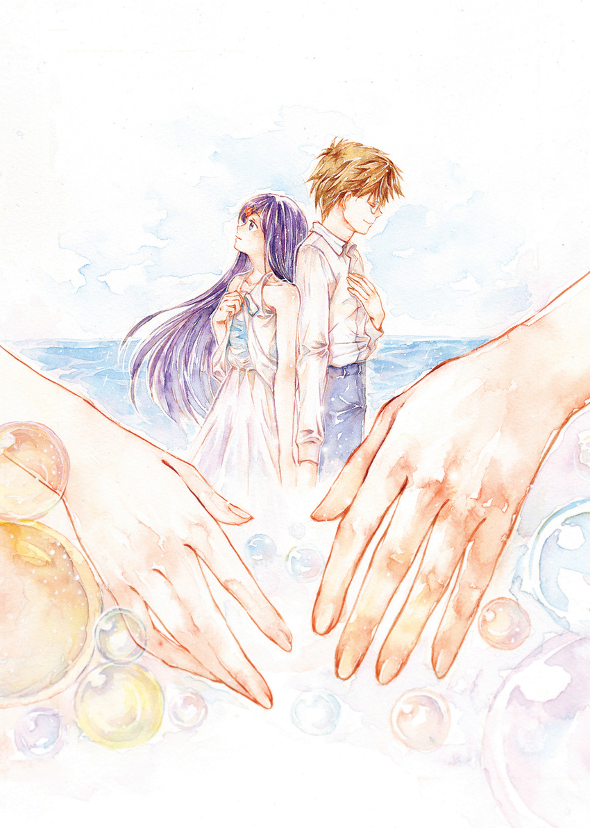 1girl back-to-back brown_hair bubble closed_eyes colored_pencil_(medium) glasses hand_on_own_chest hands height_difference highres kchang57 long_hair looking_up original profile purple_hair short_hair traditional_media water watercolor_(medium)