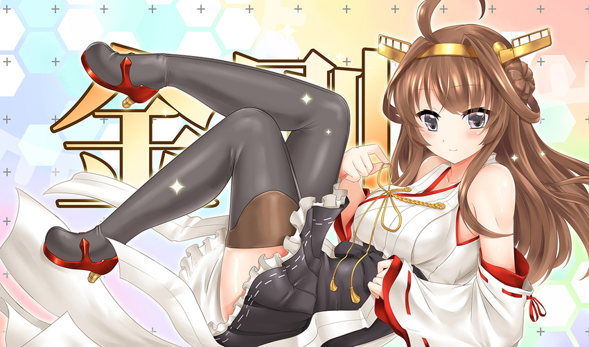 black_eyes blush brown_hair kantai_collection kongou_(kancolle) long_hair miyuki_rei thighhighs