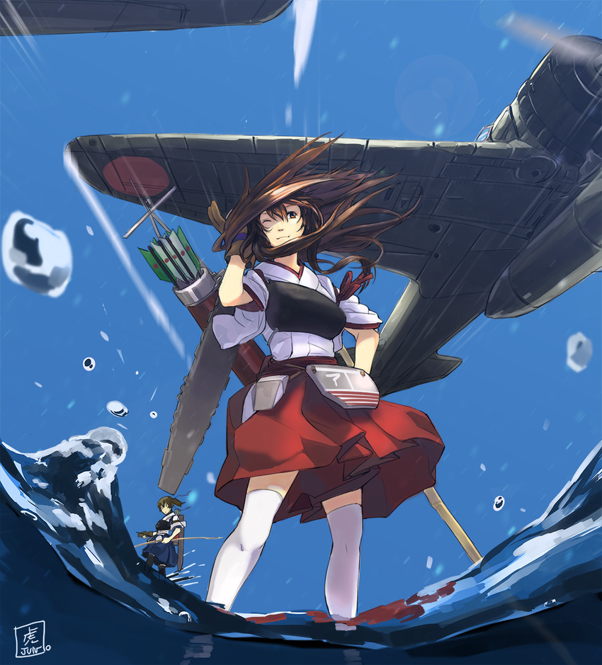 ;) a6m_zero akagi_(kantai_collection) archery arrow black_legwear blue_sky blurry blush bow_(weapon) brown_eyes brown_hair day depth_of_field fisheye from_below gloves highres japanese_clothes kaga_(kantai_collection) kantai_collection kyuudou long_hair multiple_girls muneate ocean one_eye_closed open_mouth partly_fingerless_gloves quiver short_hair side_ponytail single_glove skirt sky smile solo_focus thighhighs tora_jun torpedo water water_drop weapon white_legwear yugake