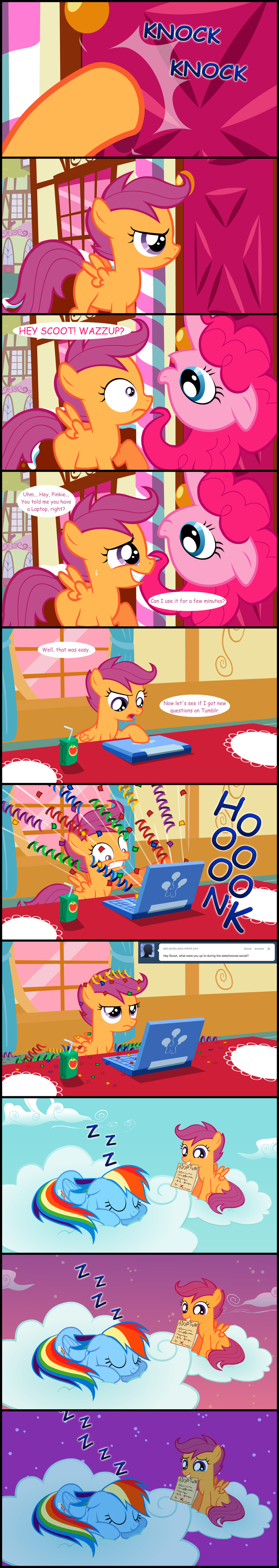comic computer confetti cutie_mark equine female friendship_is_magic horn horse jananimations laptop mammal my_little_pony pegasus pinkie_pie_(mlp) pony rainbow_dash_(mlp) scootaloo_(mlp) smile tears tumblr wings young