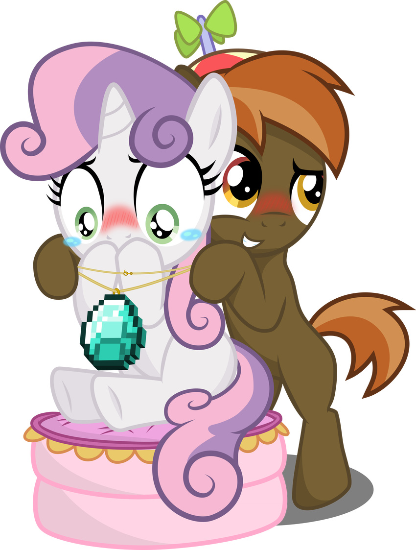 alpha_channel blush brown_fur button_mash_(mlp) couple cub duo equine female feral friendship_is_magic fur green_eyes hair hi_res horn horse lockerobster male mammal medio-cre my_little_pony necklace plain_background pony sitting standing sweetie_belle_(mlp) tears transparent_background two_tone_hair unicorn white_fur young