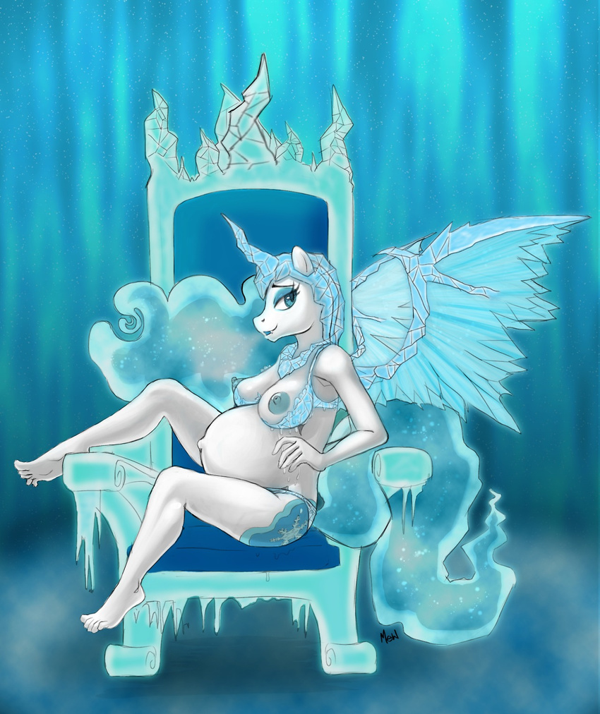areola belly blue_eyes blue_hair breasts cutie_mark equine fangs female hair horn horse ice ipan mammal mew_(artist) muh-arts my_little_pony nipples original_character pony pregnant royal snow throne winged_unicorn wings