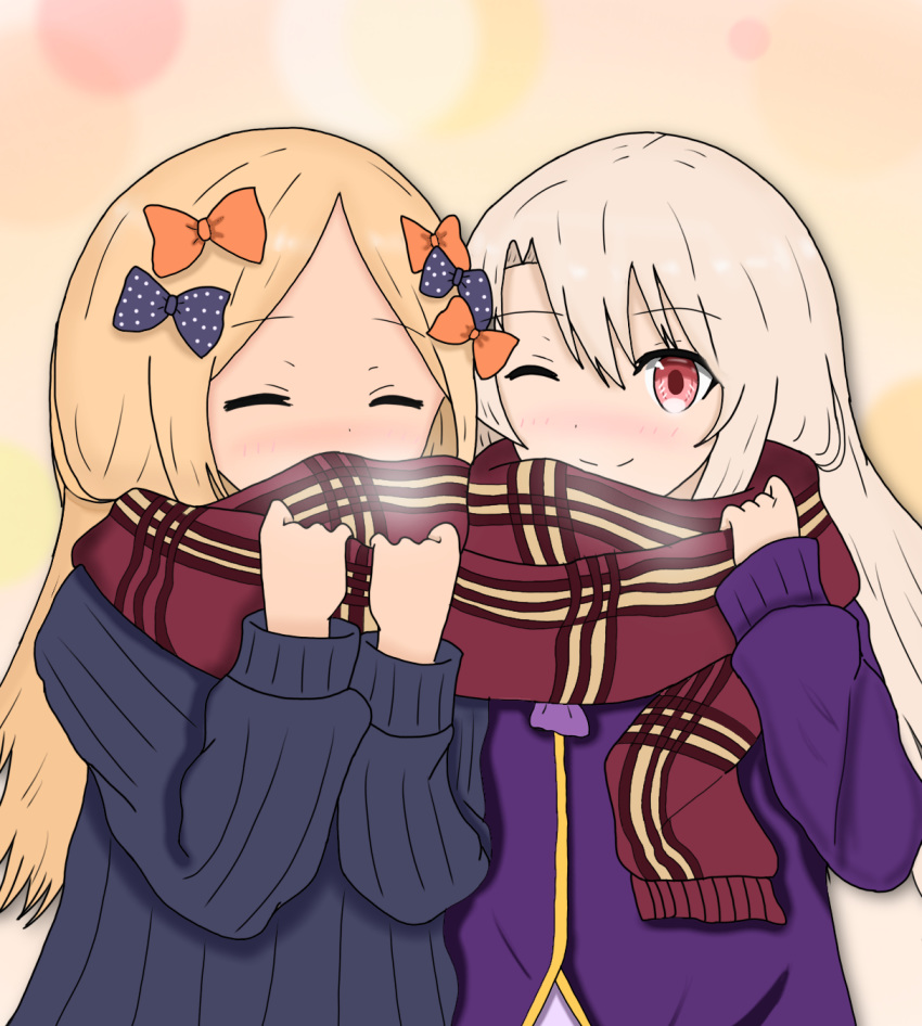 2girls ;) abigail_williams_(fate/grand_order) atsumisu bangs black_bow black_dress blonde_hair blush bow breath commentary_request covered_mouth dress eyebrows_visible_through_hair eyes_closed fate/grand_order fate/kaleid_liner_prisma_illya fate_(series) fringe_trim hair_between_eyes hair_bow hands_up highres illyasviel_von_einzbern jacket long_hair long_sleeves multiple_girls no_hat no_headwear nose_blush one_eye_closed orange_bow plaid plaid_scarf polka_dot polka_dot_bow purple_jacket red_eyes red_scarf scarf shared_scarf smile upper_body very_long_hair