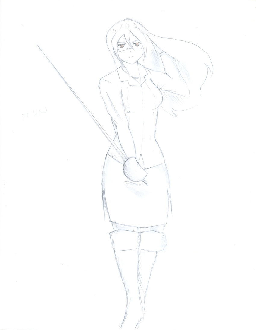 1girl akumart monochrome original rapier simple_background sword weapon zehn_(akumart)