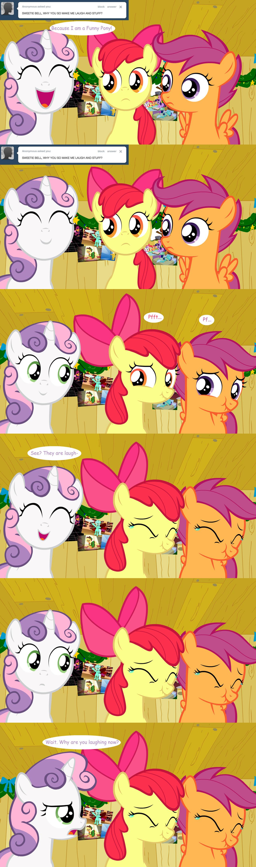 bow christmas comic computer cutie_mark_crusaders_(mlp) equine female friendship_is_magic holidays horn horse jananimations laptop laugh mammal my_little_pony pegasus pony scootaloo_(mlp) smile sweetie_belle_(mlp) tumblr unicorn wings young