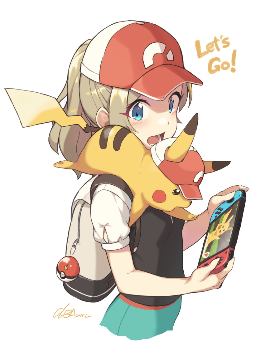 :d absurdres backpack bag baseball_cap blonde_hair blue_eyes cloba commentary creatures_(company) cropped_legs ears_through_headwear english eyes_visible_through_hair game_freak gen_1_pokemon handheld_game_console hat highres long_hair nintendo nintendo_switch on_shoulder open_mouth pikachu poke_ball pokemon pokemon_(creature) pokemon_(game) pokemon_lgpe ponytail puffy_short_sleeves puffy_sleeves short_sleeves signature simple_background smile upper_body white_background