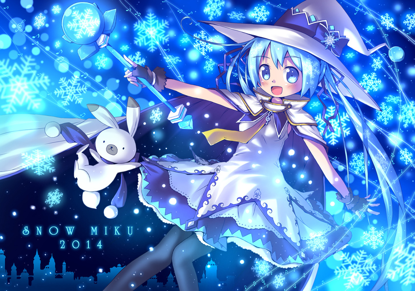 2014 aki_(akisora_hiyori) beamed_eighth_notes blue_eyes blue_hair bunny cape character_name eighth_note fingerless_gloves flat_sign gloves hat hatsune_miku highres long_hair musical_note open_mouth pantyhose scarf snowflakes suki!_yuki!_maji_magic_(vocaloid) treble_clef very_long_hair vocaloid wand witch_hat yuki_miku yukine_(vocaloid)