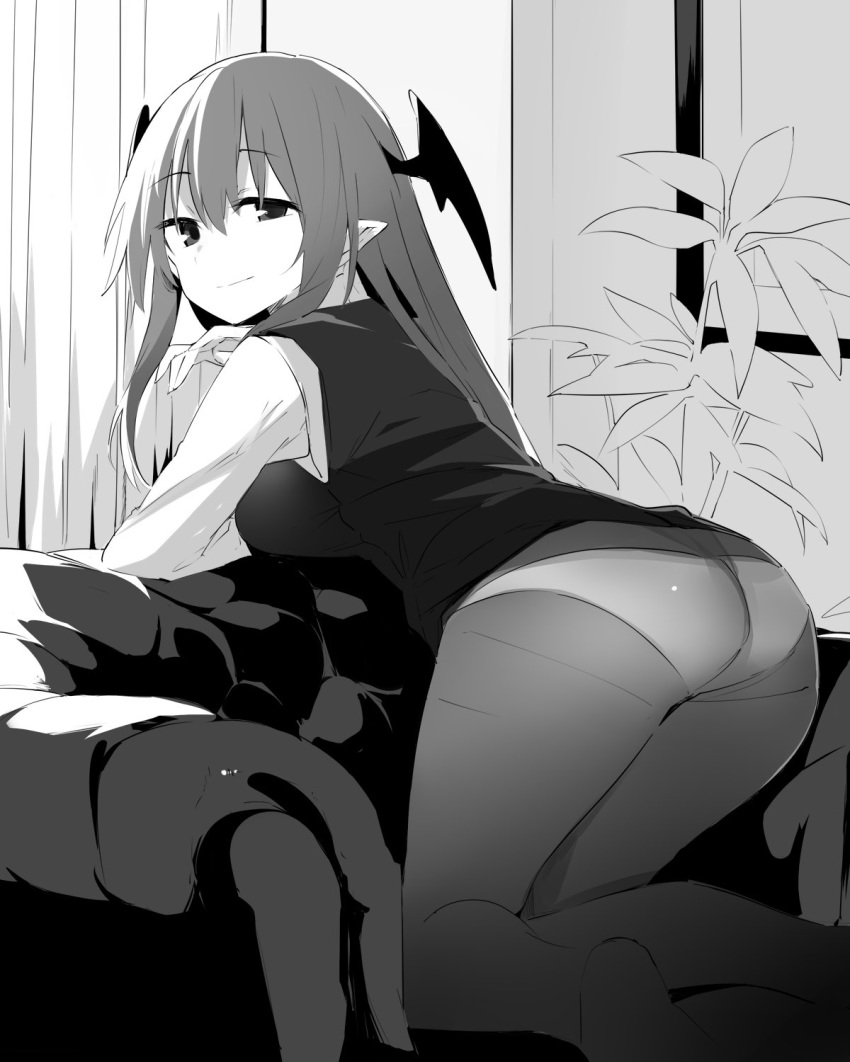 1girl ass bangs breasts commentary_request couch curtains demon_wings eyebrows_visible_through_hair feet_out_of_frame greyscale hair_between_eyes hand_up head_wings highres indoors kamukamu_(ars) kneeling koakuma large_breasts long_hair long_sleeves looking_at_viewer monochrome no_pants no_shoes panties panties_under_pantyhose pantyhose plant pointy_ears sidelocks smile solo thighs touhou underwear vest wings