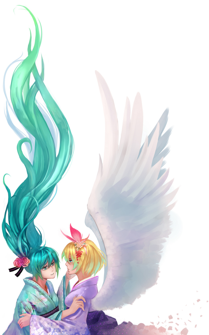 aqua_eyes aqua_hair blonde_hair commentary eye_contact flower hair_flower hair_ornament hatsune_miku highres ilmkilt japanese_clothes kagamine_rin long_hair looking_at_another multiple_girls parted_lips simple_background smile very_long_hair vocaloid white_background wings work_in_progress