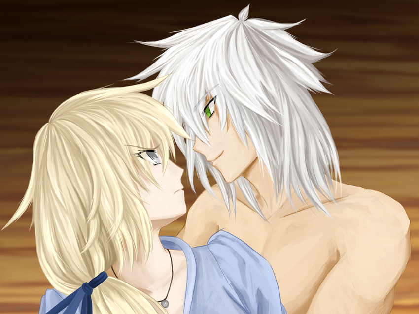 1boy 1girl angry arm arms artist_request bare_shoulders blonde_hair clothed_female_nude_male collarbone couple eye_contact game_cg green_eyes grey_eyes highres jewelry long_hair looking_at_another looking_back looking_down looking_up love mirage_noir necklace nude ponytail profile profilesmile ribbon serious shirtless short_hair smile vesper vesper_(mirage_noir) vienna vienna_(mirage_noir) white_hair