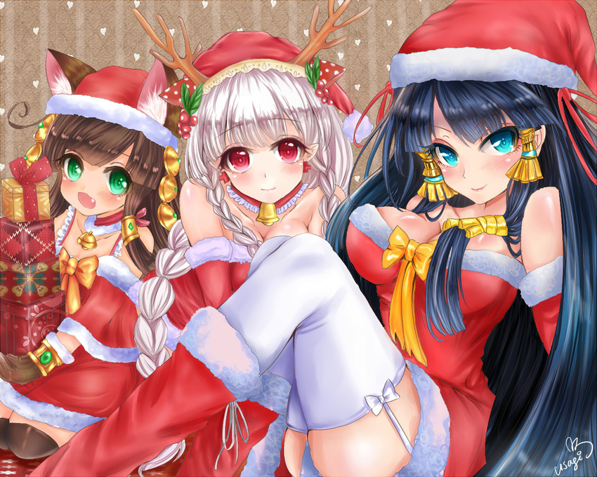 animal_ears antlers aqua_eyes bastet_(p&amp;d) bell black_hair blush bow braid brown_hair cat_ears christmas green_eyes isis_(p&amp;d) jewelry light_valkyrie_(p&amp;d) long_hair multiple_girls open_mouth puzzle_&amp;_dragons red_eyes reindeer_antlers santa_costume silver_hair smile thighhighs usagi_hakase valkyrie_(p&amp;d)