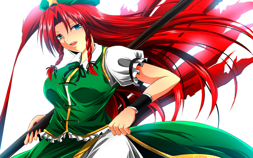 blue_eyes braid breasts hair_ribbon hat highres hong_meiling large_breasts long_hair looking_at_viewer nekominase open_mouth polearm puffy_short_sleeves puffy_sleeves red_hair ribbon short_sleeves simple_background skirt skirt_hold skirt_set solo star touhou twin_braids very_long_hair weapon white_background wrist_cuffs