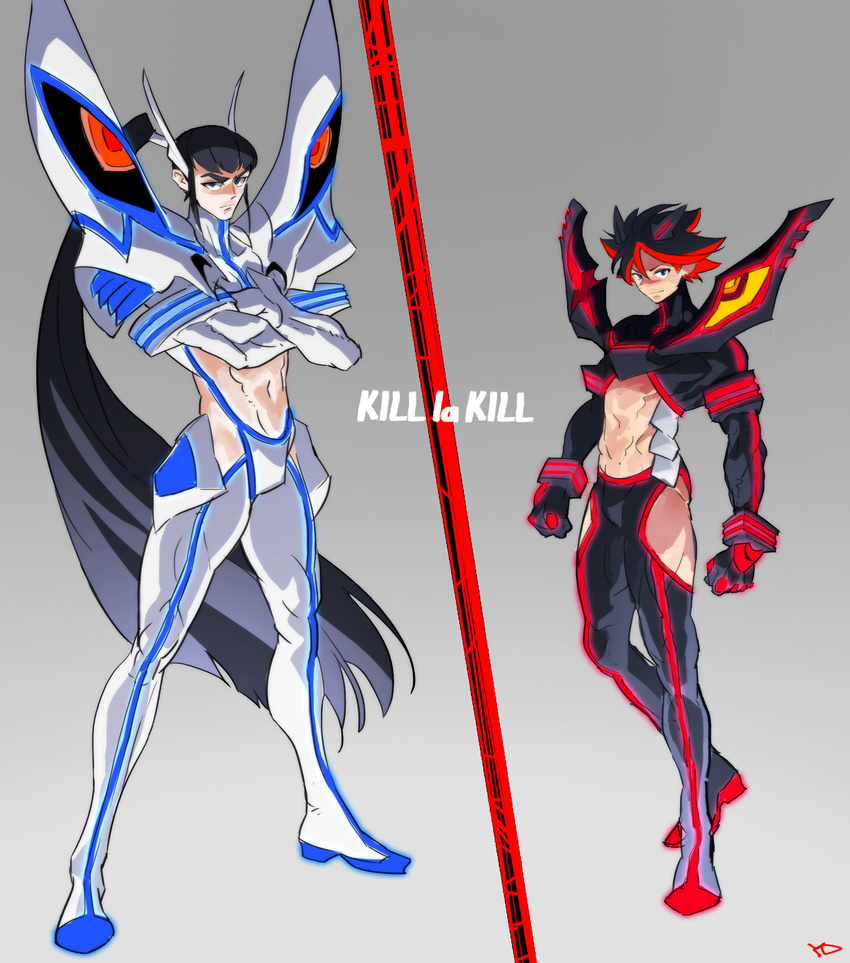 abs absurdres adapted_costume bad_id bad_pixiv_id black_eyes black_hair boots copyright_name crossed_arms frown full_body genderswap genderswap_(ftm) gradient gradient_background grey_background height_difference highres junketsu kill_la_kill kiryuuin_satsuki long_hair male_focus matoi_ryuuko multicolored_hair multiple_boys muscle ponytail red_hair senketsu skin_tight smile streaked_hair two-tone_hair white_background yang-do