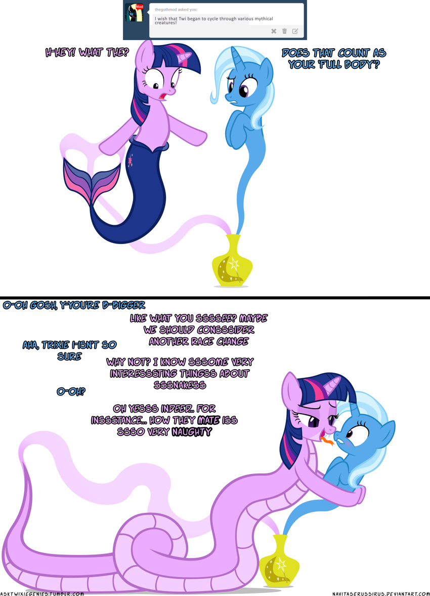 comic english_text equine female friendship_is_magic fur genie hair horn horse lesbian licking mammal mermaid multi-colored_hair my_little_pony naga navitaserussirus purple_eyes purple_fur purple_hair text tongue transformation trixie_(mlp) twilight_sparkle_(mlp) unicorn