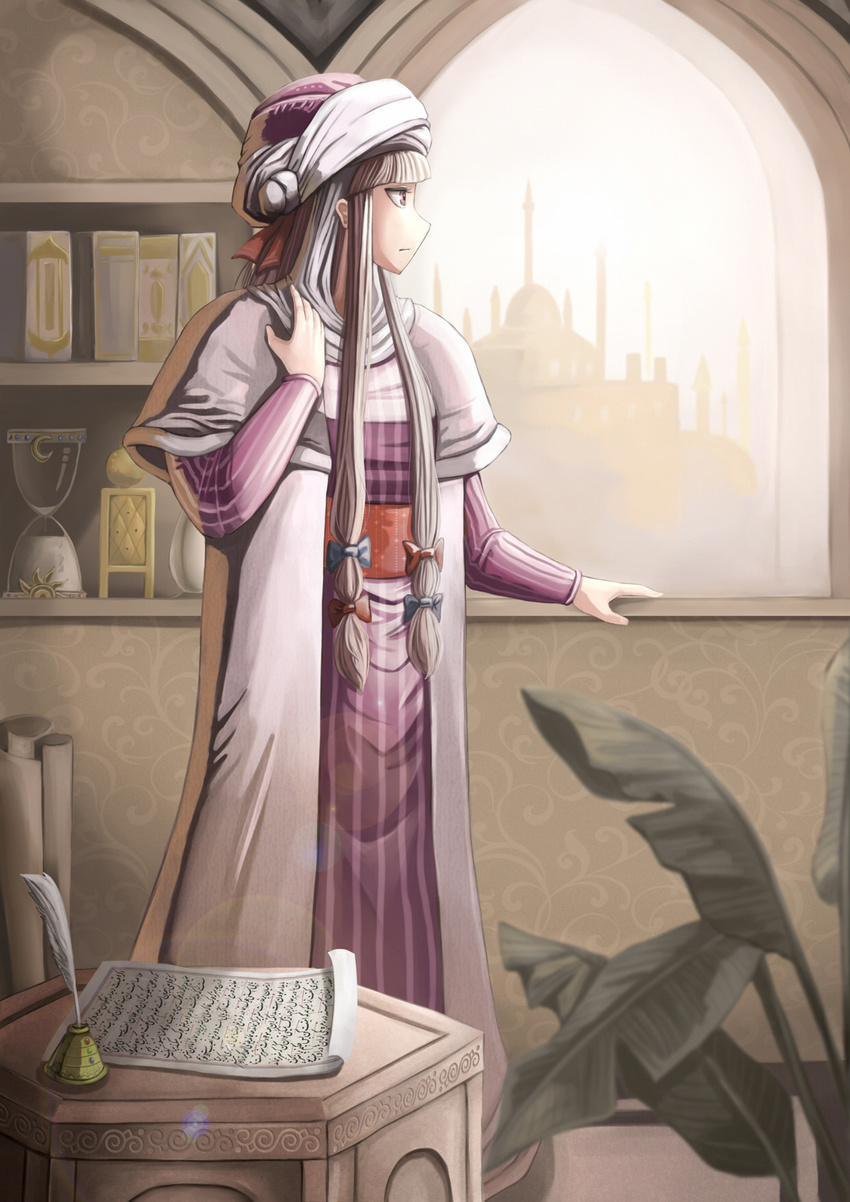 adapted_costume amibazh arabian_clothes arabic blurry book depth_of_field headdress highres hourglass long_hair minaret paper patchouli_knowledge plant purple_eyes purple_hair quill solo touhou tree