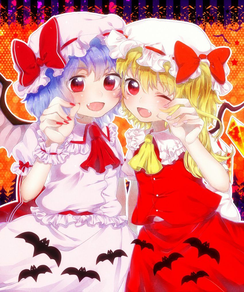 ascot bad_id bad_pixiv_id bat blonde_hair blue_hair cheek-to-cheek fang flandre_scarlet hat hat_ribbon highres looking_at_viewer multiple_girls nail_polish one_eye_closed onyuuuu open_mouth pink_nails puffy_sleeves red_eyes red_nails remilia_scarlet revision ribbon shirt short_hair short_sleeves siblings side_ponytail sisters skirt skirt_set smile touhou wings wrist_cuffs