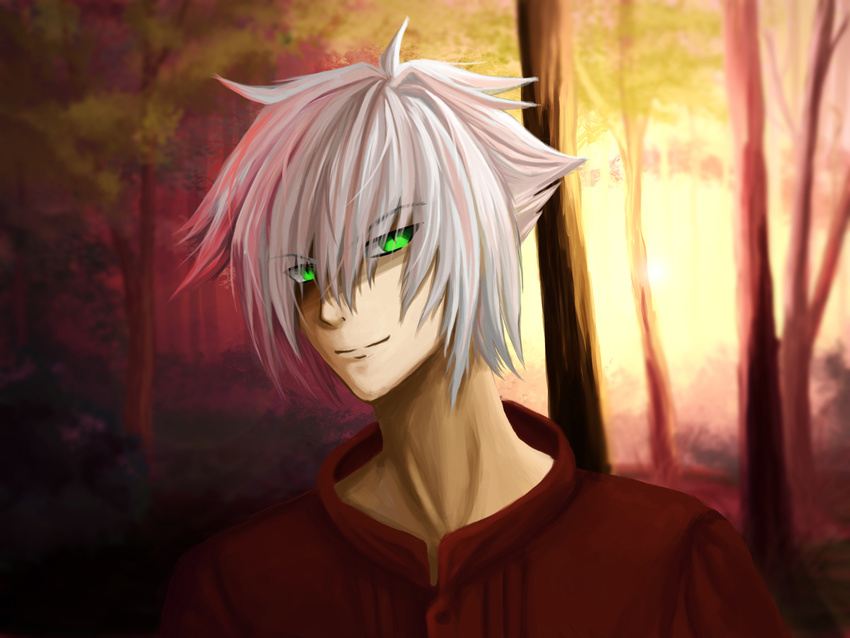 1boy evil forest game_cg green_eyes highres male male_focus mirage_noir nature official_art smile smirk vesper vesper_(mirage_noir) white_hair