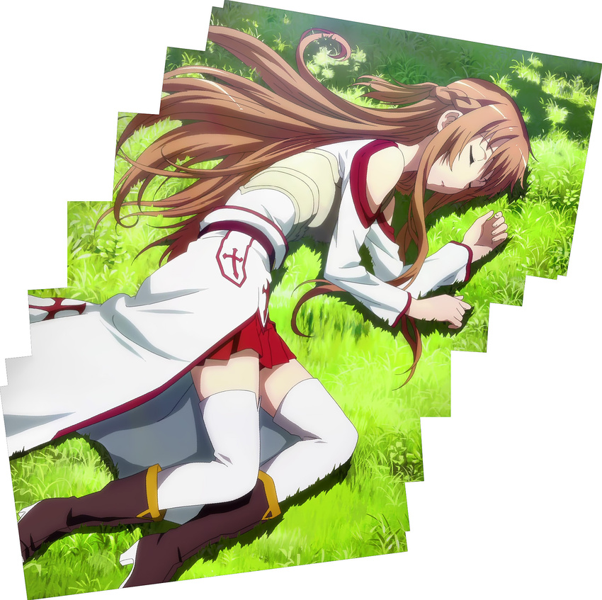 asuna_(sao) bare_shoulders blush boots braid cloak closed_eyes grass highres long_hair pov resting screencap shade sleeping stitched sword_art_online thigh_boots thighhighs third-party_edit tree