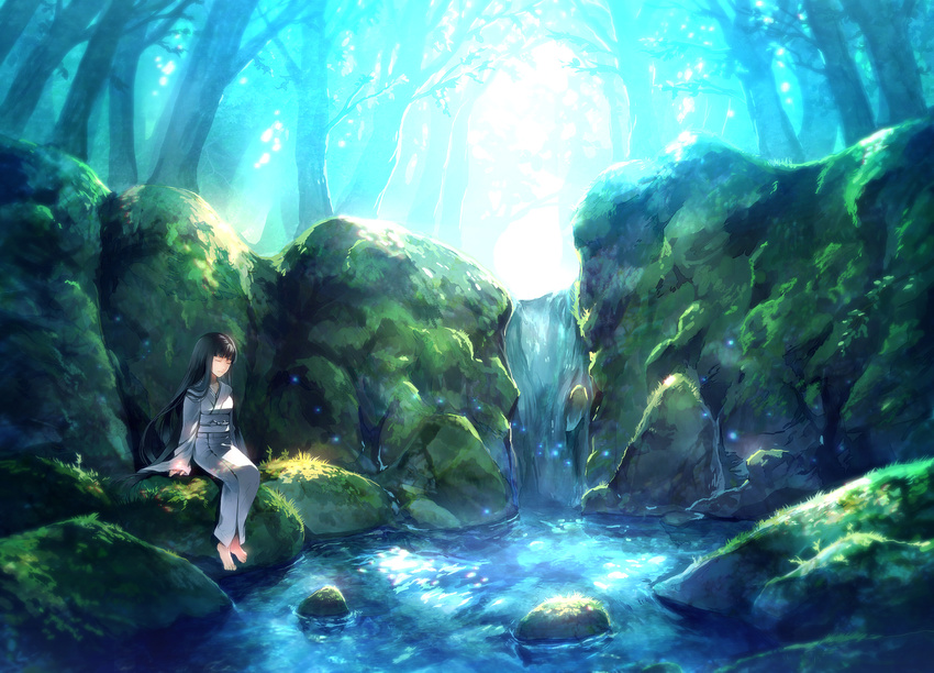 arms_at_sides atlach-nacha bangs barefoot blunt_bangs breasts closed_eyes day fireflies forest grass highres hirasaka_hatsune japanese_clothes kimono light_particles long_hair long_sleeves moss nature obi outdoors rock sash sitting sleeves_past_wrists small_breasts smile solo straight_hair stream sunakumo very_long_hair water waterfall