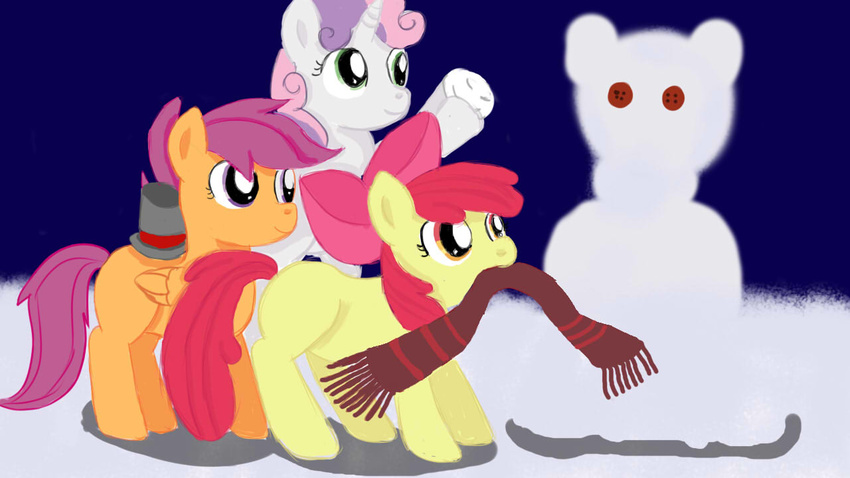 equine feral friendship_is_magic group horn horse jbond mammal my_little_pony pegasus pony scootaloo_(mlp) snow sweetie_belle_(mlp) unicorn wings