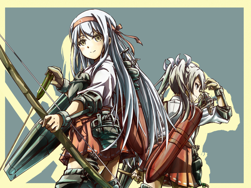 aircraft airplane archery arrow back-to-back black_hair blush boots bow_(weapon) brown_eyes brown_hair gloves grey_hair hair_ribbon hairband japanese_clothes kantai_collection kyuudou long_hair multiple_girls muneate ocean open_mouth partly_fingerless_gloves quiver ribbon shoukaku_(kantai_collection) silver_hair skirt smile suneo_(goten) thigh_boots thighhighs twintails water weapon yugake zuikaku_(kantai_collection)