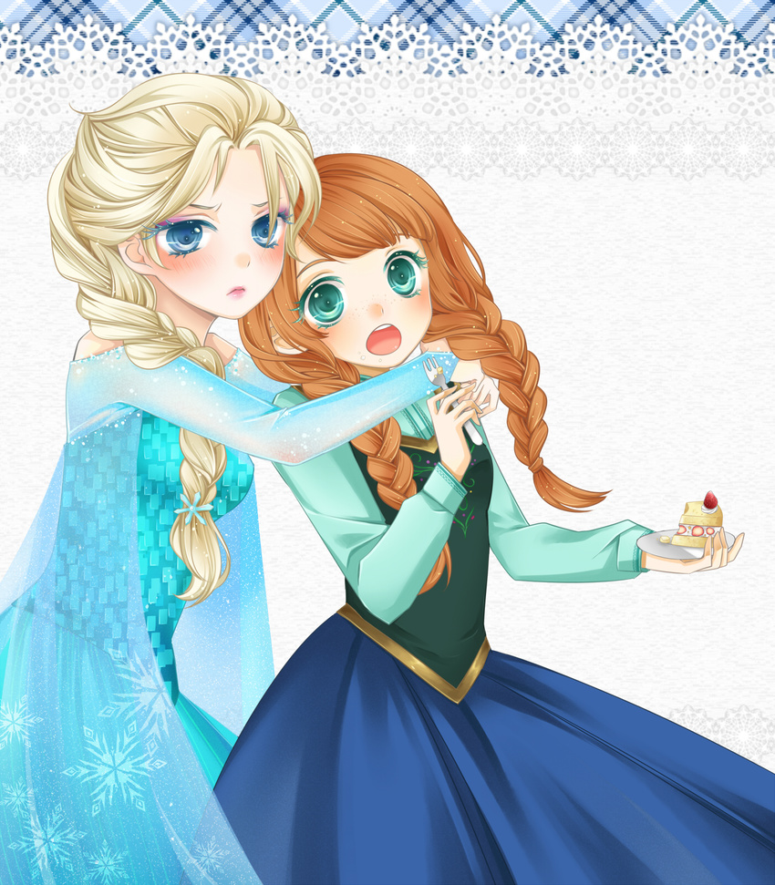 2girls anna_(frozen) atobesakunolove blonde_hair blue_eyes braid disney dress elsa_(frozen) food frozen_(disney) highres multiple_girls princess queen sequins siblings sisters