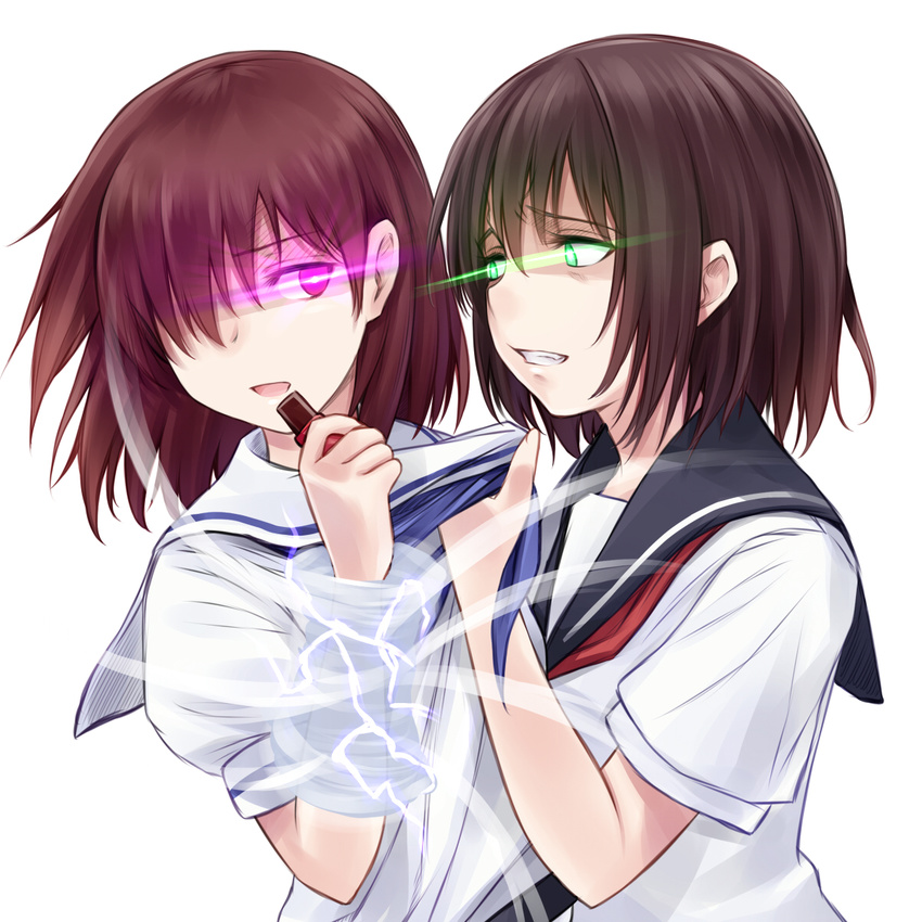 blush brown_hair glowing glowing_eyes green_eyes highres miyanaga_teru multiple_girls onjouji_toki red_eyes red_hair saki saki_achiga-hen school_uniform senriyama_school_uniform serafuku shiraitodai_school_uniform short_hair short_sleeves suzushiro_yukari