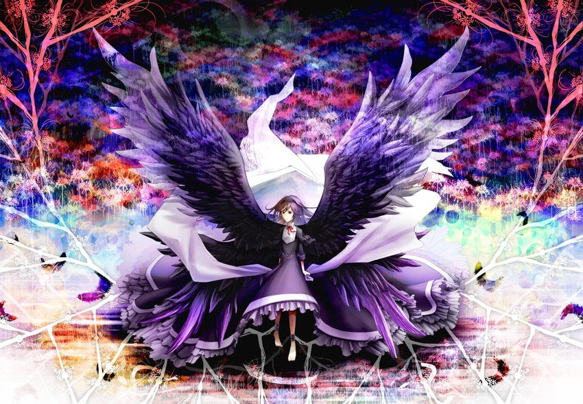 akemi_homura bandaged_leg bandages barefoot black_hair black_wings collar colorful commentary_request dress feathers flower frilled_dress frills frown hairband highres long_sleeves mahou_shoujo_madoka_magica mahou_shoujo_madoka_magica_movie mitsukaze_makoto neck_ribbon purple_eyes ribbon sleeves_folded_up spider_lily spoilers tree wings