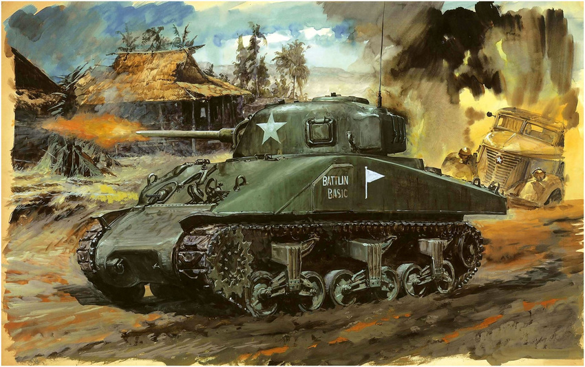 44th_tank_battalion_(usa) fire firing highres m4_sherman manila military military_vehicle motor_vehicle philippines smoke takani_yoshiyuki tank truck vehicle war world_war_ii