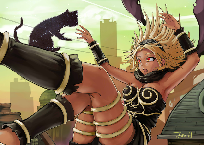 absurdres animal armpits blonde_hair breasts cat cityscape dark_skin dusty_(gravity_daze) falling gravity_daze hairband highres jonathan_h kitten_(gravity_daze) leg_warmers leotard long_hair medium_breasts red_eyes scarf solo thigh_strap vambraces