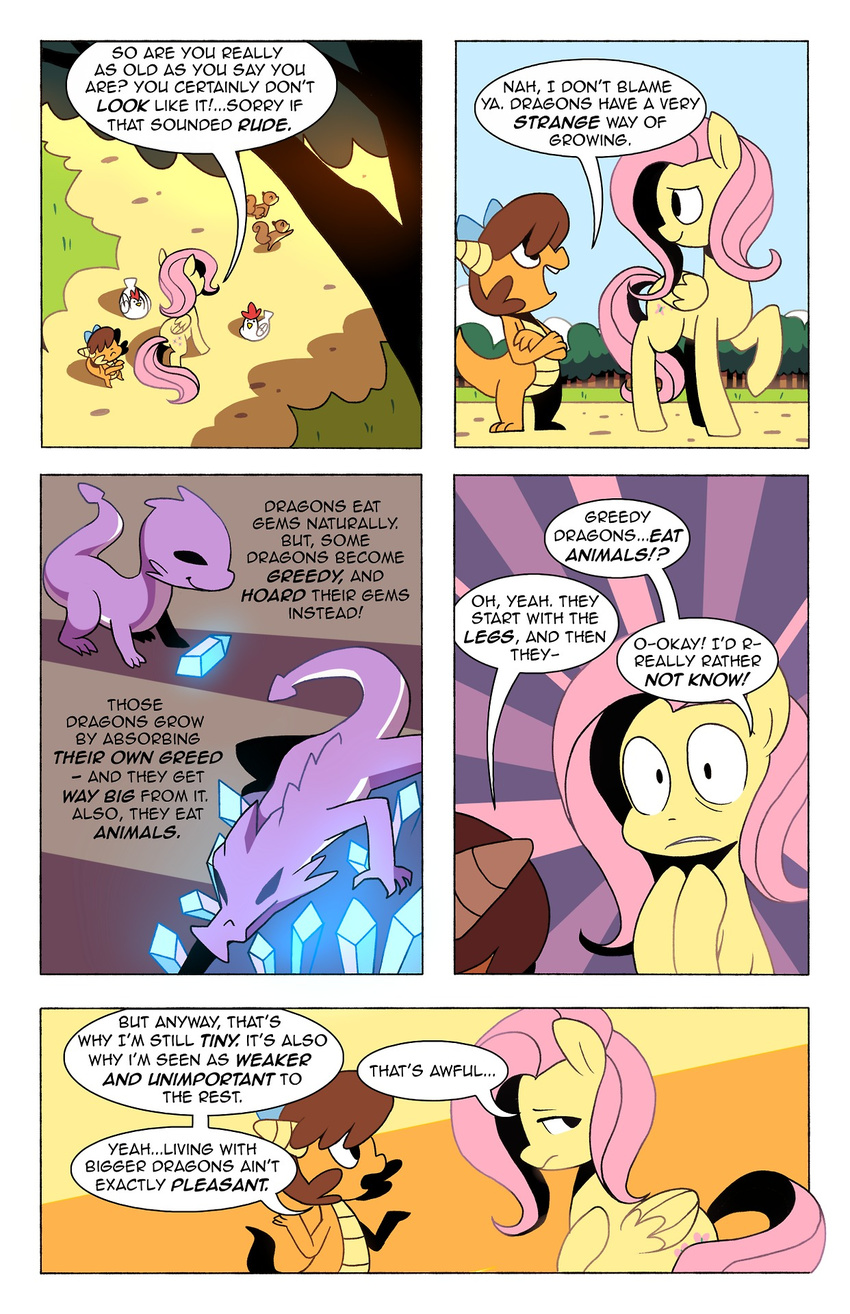 avian bandage bird chicken comic cutie_mark dialog dragon english_text equine fangs female fluttershy_(mlp) forest friendship_is_magic fur gem glowing grass hair horn horse karzahnii mammal my_little_pony outside pegasus pink_hair pony rodent squirrel text tongue tongue_out tree whimsey_weatherbe_(mlp) wings yellow_fur